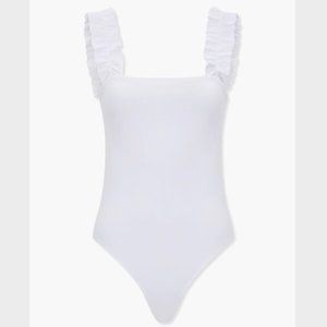 NWT SQUARE NECK RUFFLE BODYSUIT WHITE + BLACK